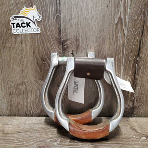 Pr Engraved Aluminum Oxbow Western Stirrups *gc, scratches, tape residue, stains, rubs, scraped edges, MISSING Top Guard