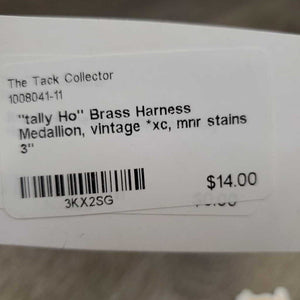 "tally Ho" Brass Harness Medallion, vintage *xc, mnr stains