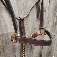 Leather Halter, adj, snap, Brass Nose Chain Leather Lead Shank *vgc, clean, stiff, name plate holes, discolored, stains, mnr mismatched
