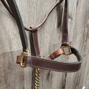 Leather Halter, adj, snap, Brass Nose Chain Leather Lead Shank *vgc, clean, stiff, name plate holes, discolored, stains, mnr mismatched