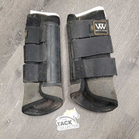 Pr Pr Thick Closed Hind Boots, velcro *fair, v.hairy, dirty, broken elastic, older, faded, holey edges
