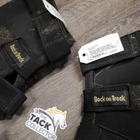 Pr Hock Boots, mesh drawstring bag *v.dirty, shavings, hairy, pilly, older, edge rubs, velcro: hair & hay, fair, undone seams
