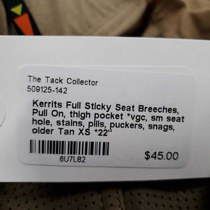 Full Sticky Seat Breeches, Pull On, thigh pocket *vgc, sm seat hole, stains, pills, puckers, snags, older