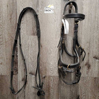 Monocrown Padded Bridle, Cotton Web Reins, 2 bit connectors, bitless convertor *gc, v.dirty, dry, stiff, rubs, mismatched, faded
