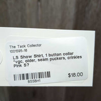 LS Show Shirt, 1 button collar *vgc, older, seam puckers, crinkles
