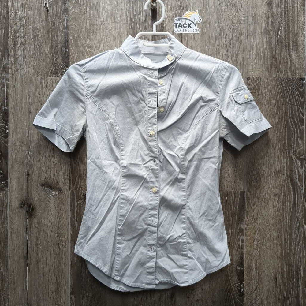SS Show Shirt, attached button collar *older, pits, crinkled, folded edges, seam puckers, dingy?