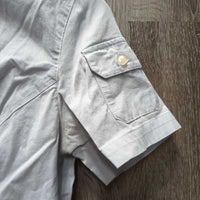 SS Show Shirt, attached button collar *older, pits, crinkled, folded edges, seam puckers, dingy?
