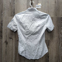 SS Show Shirt, attached button collar *older, pits, crinkled, folded edges, seam puckers, dingy?