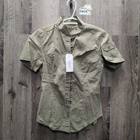 SS Show Shirt, attached button collar *gc, older, creased/folded edges, threads, wrinkled, pits
