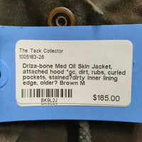 Med Oil Skin Jacket, attached hood *gc, dirt, rubs, curled pockets, stained?dirty inner lining edge, older?
