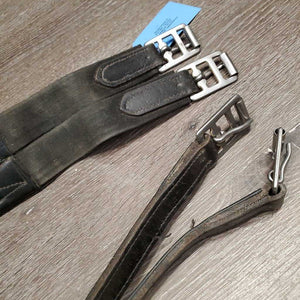 v.narrow Padded Girth, 1x v.long els *fair, older, warped, stiff, mnr dirt, undone edge stitching, deep creases
