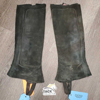 Pr Hvy Suede Half Chaps, velcro sides *hairy, older, faded, dirty, fair, stains
