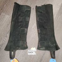 Pr Hvy Suede Half Chaps, velcro sides *hairy, older, faded, dirty, fair, stains
