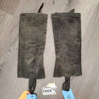 Pr Hvy Suede Half Chaps, velcro, buckle top *hairy, older, faded, dirty, fair, stains, torn & stretched elastic, stiff
