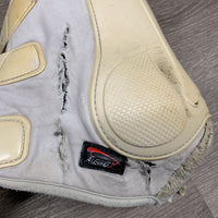 Pr Closed Boots, tabs *fair, stains, yellowed, discolored, dingy, pilly, ripped, slices, unstitched seams