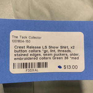 LS Show Shirt, x2 button collars *gc, lint, threads, stained edges, seam puckers, older, embroidered collars