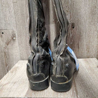 Pr Field Boots, zips *fair, older, sticky zips, dirty, folded edge, repairs, rubs/thin, faded, peeled edges, smell, Broken Left Zip
