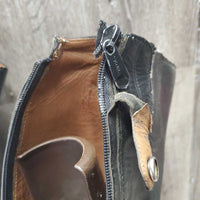 Pr Field Boots, zips *fair, older, sticky zips, dirty, folded edge, repairs, rubs/thin, faded, peeled edges, smell, Broken Left Zip