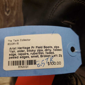 Pr Field Boots, zips *fair, older, sticky zips, dirty, folded edge, repairs, rubs/thin, faded, peeled edges, smell, Broken Left Zip