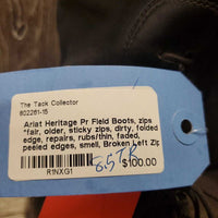 Pr Field Boots, zips *fair, older, sticky zips, dirty, folded edge, repairs, rubs/thin, faded, peeled edges, smell, Broken Left Zip
