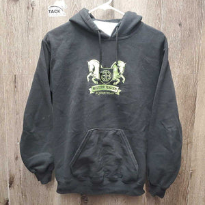 Sweatshirt Hoodie, strings "Silver Haven" *fair, faded, pilly, TORN pocket stitching, discolored cuffs, dirt?stains