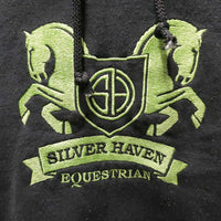 Sweatshirt Hoodie, strings "Silver Haven" *fair, faded, pilly, TORN pocket stitching, discolored cuffs, dirt?stains
