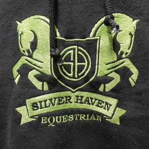 Sweatshirt Hoodie, strings "Silver Haven" *fair, faded, pilly, TORN pocket stitching, discolored cuffs, dirt?stains