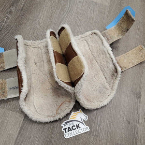Pr Closed Vinyl Front Boots, Fleece lined, velcro *fair, older, edges: clumpy, stains & threads, mnr undone stitching, stains, hair