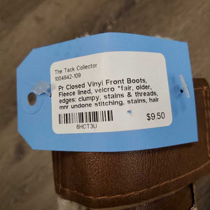 Pr Closed Vinyl Front Boots, Fleece lined, velcro *fair, older, edges: clumpy, stains & threads, mnr undone stitching, stains, hair