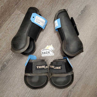 Open Front & Hind Boots, velcro *gc, dusty, clean, older, scratches, discolored/faded, stains
