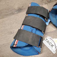 Front & Hind Closed Boots, velcro *fair, older, faded, dirt, threads, rust, undone stitching, pilly
