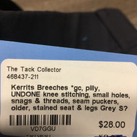 Breeches *gc, pilly, UNDONE knee stitching, small holes, snags & threads, seam puckers, older, stained seat & legs
