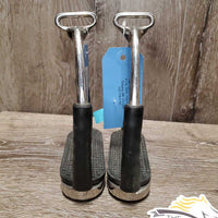 Pr Offset Flexi Stirrup Irons, Grips *vgc, clean, mnr film & dirt residue, scratches
