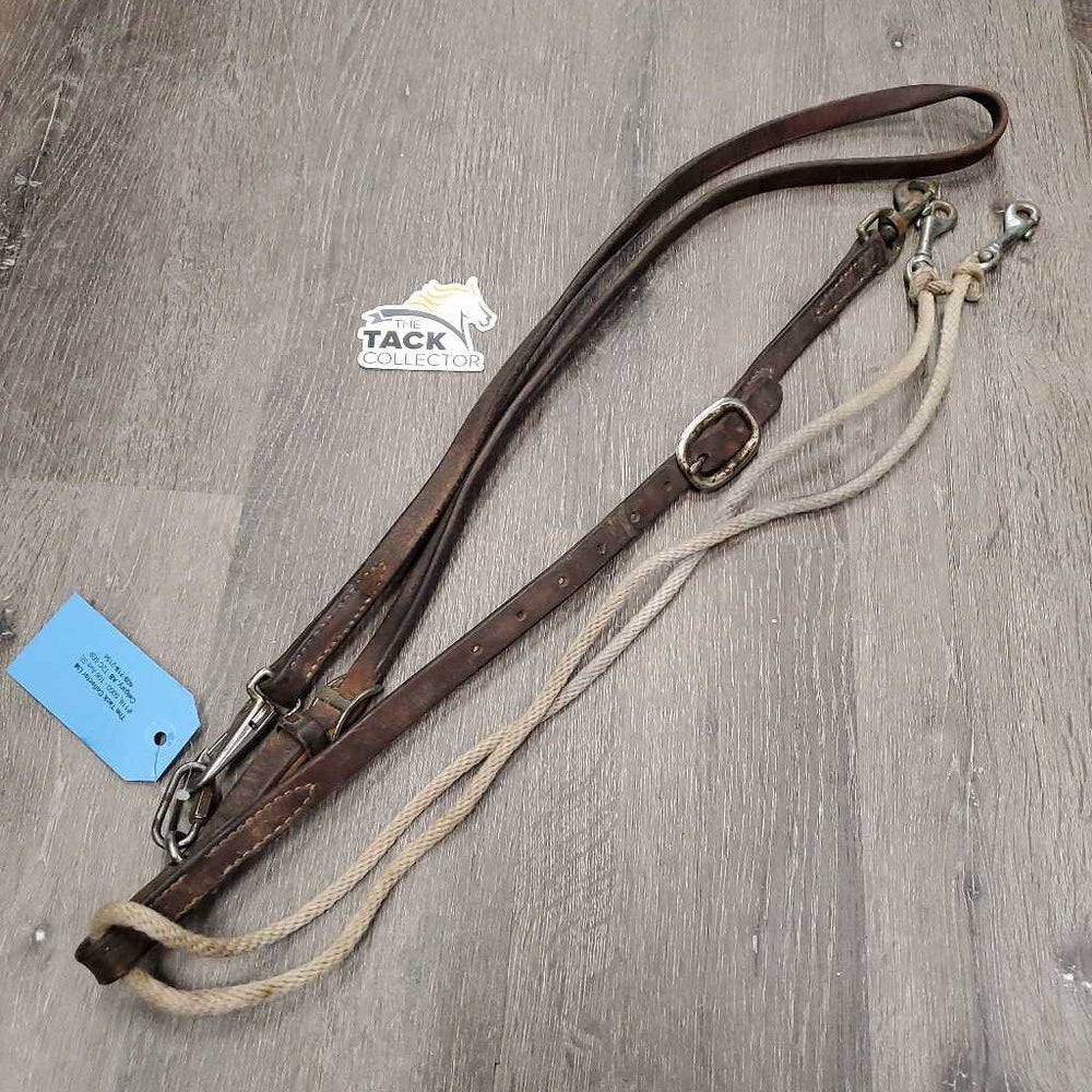 Leather and Rope Western Running Martingale *fair, dirty, stained, film, v. stiff, chipped plaiting