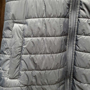 Long Puffy Riding Jacket, magnetic back, Zip hood *vgc, clean, crinkles, stringy seam threads