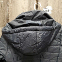 Long Puffy Riding Jacket, magnetic back, Zip hood *vgc, clean, crinkles, stringy seam threads
