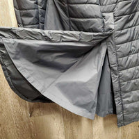 Long Puffy Riding Jacket, magnetic back, Zip hood *vgc, clean, crinkles, stringy seam threads
