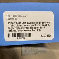 Side Zip Euroseat Breeches *fair, older, seam puckers, seat & legs: v.puckered, discolored & stains, pilly knees
