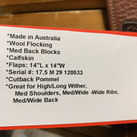 17.5 MW *5.25" Southern Stars Close Contact, 2 Billet Guards, Navy Cotton Cover, Wool Flocking, Med Back Blocks, Calfskin, Flaps: 14"L x 14"W Serial #: 17.5 M 29 120533
