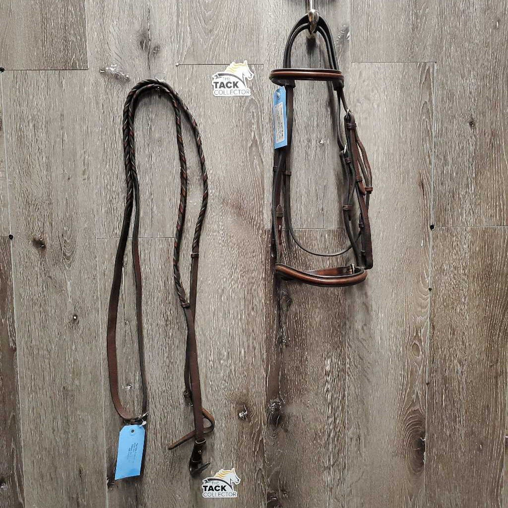 Rsd Bridle, Thick Braided Reins *gc, older, tight keepers, stiff, clean, scraped edges, rubs, mnr stains