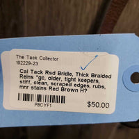 Rsd Bridle, Thick Braided Reins *gc, older, tight keepers, stiff, clean, scraped edges, rubs, mnr stains
