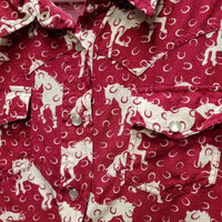 LS Western Shirt, snaps, horse pattern *gc, wrinkles, seam puckers, folded/creased collar & corners
