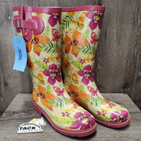 Pr Med Rain Boots, floral *gc, mnr dirt & rubs, hay, pebbles