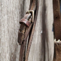 Thin Flat Bridle *older, stains, stiff, dry, CUT Cheeks, faded, discolored, xholes
