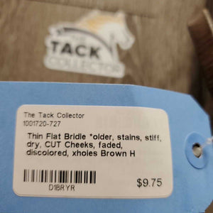 Thin Flat Bridle *older, stains, stiff, dry, CUT Cheeks, faded, discolored, xholes