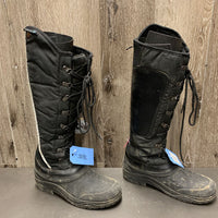 Pr Tall Quilt Winter Riding Boots, laces, zips *fair, dirty, rubs, sm holes, L - back edges: torn, v.rubbed & holey
