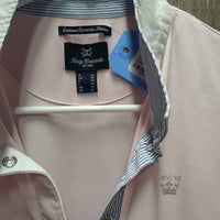 SS Sun Show Shirt, 1/4 Snap Up, mesh pits, attached snap collar *gc, seam puckers, dingy pits, snags, stains, crinkled collar