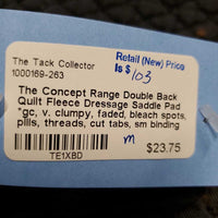 Double Back Quilt Fleece Dressage Saddle Pad *gc, v. clumpy, faded, bleach spots, pills, threads, cut tabs, sm binding tears
