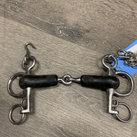 SS Jointed Rubber Pelham, chain *fair, dirty, faded, chewed/long splits, residue, film, hay
