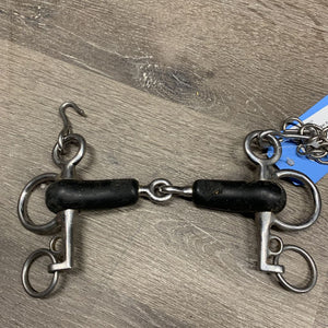 SS Jointed Rubber Pelham, chain *fair, dirty, faded, chewed/long splits, residue, film, hay